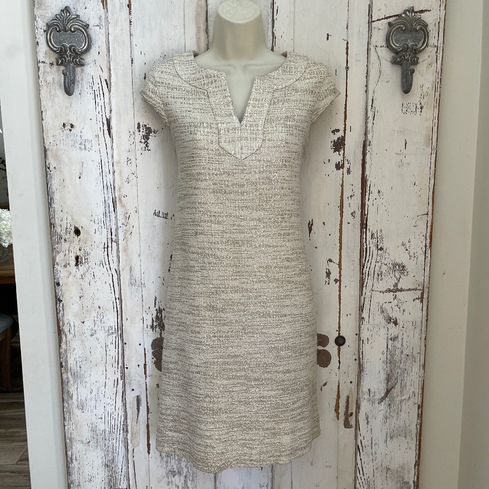 Kate Spade Size 2 Woman's Champagne Gold Ivory Metallic Cap Sleeve Shift Dress